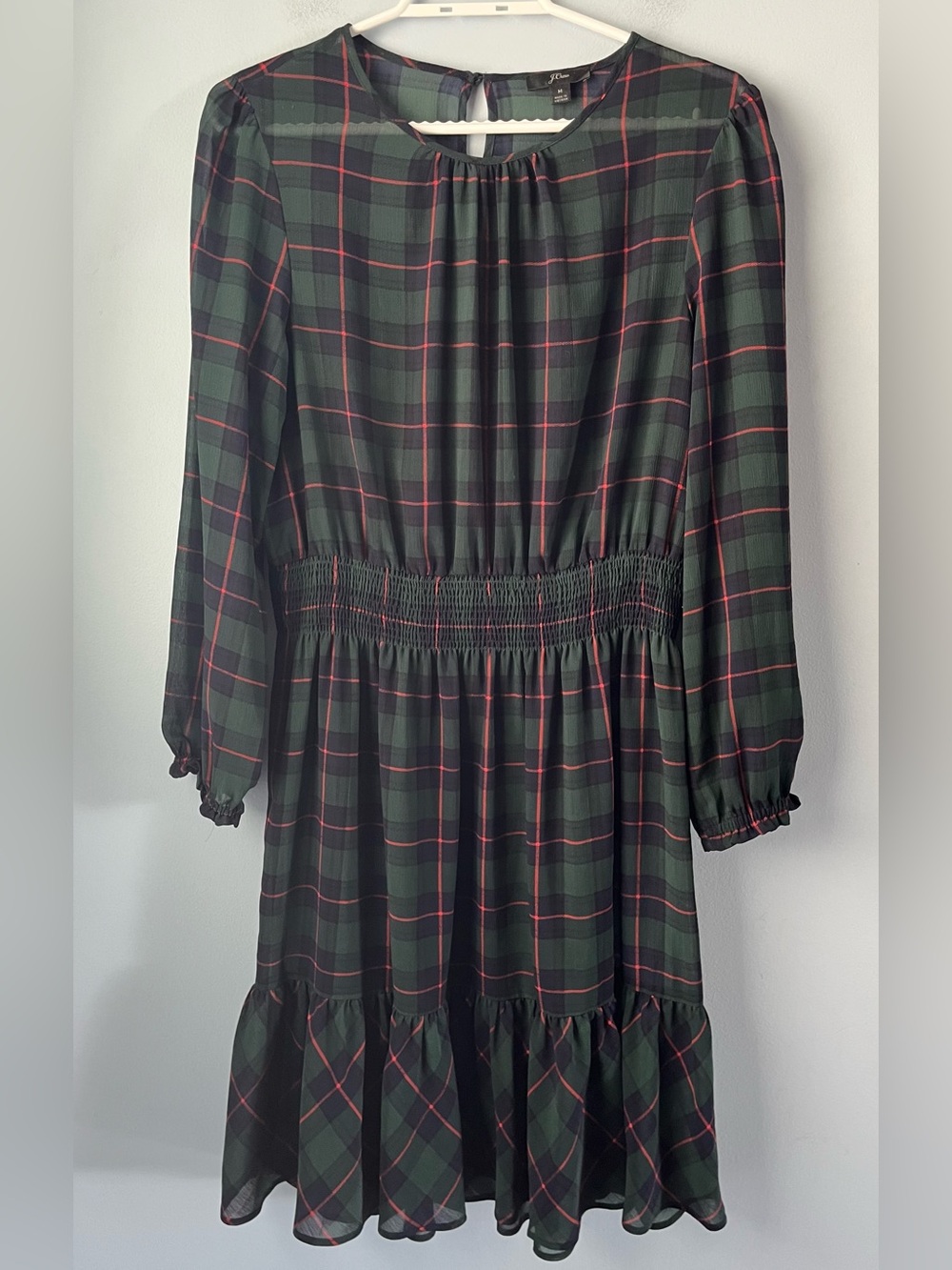 J. Crew Glendale Green & Navy Plaid Cinched Waist Sheer Mini Dress Size M - Picture 2 of 7